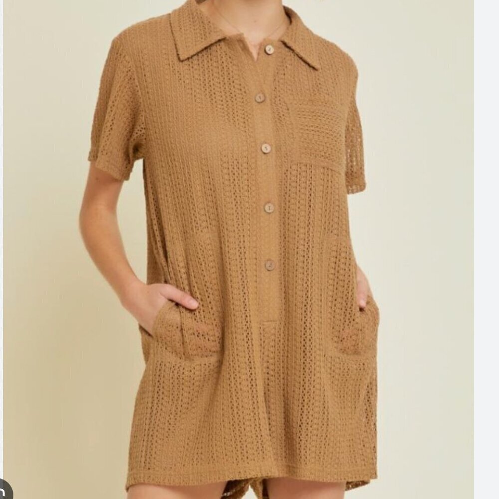 NWT Heyson Women's Size 1XL Brown Short Sleeve Ready for the Day Crochet Romper